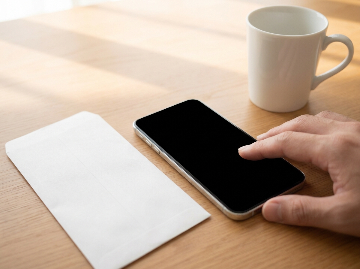 木のテーブルに置いたスマートフォンに手を伸ばし、連絡を取ろうとしている様子